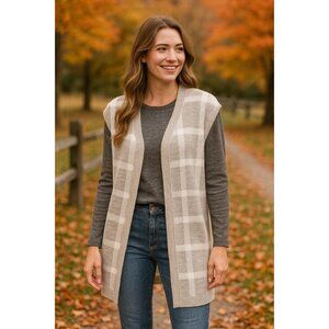 Blair Open Front Plaid Sweater Vest LGray White Check Knit Logenlook Preppy